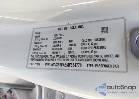 2021 Tesla Model 3 Standard Range Plus Rear-Wheel Drive from USA, damaged, VIN 5YJ3E1EA8MF854778